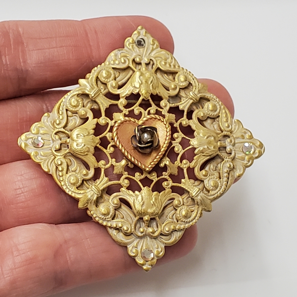 Vintage filigree pin brooch heart rose AB crystals Victorian BEAUTIFUL Estate